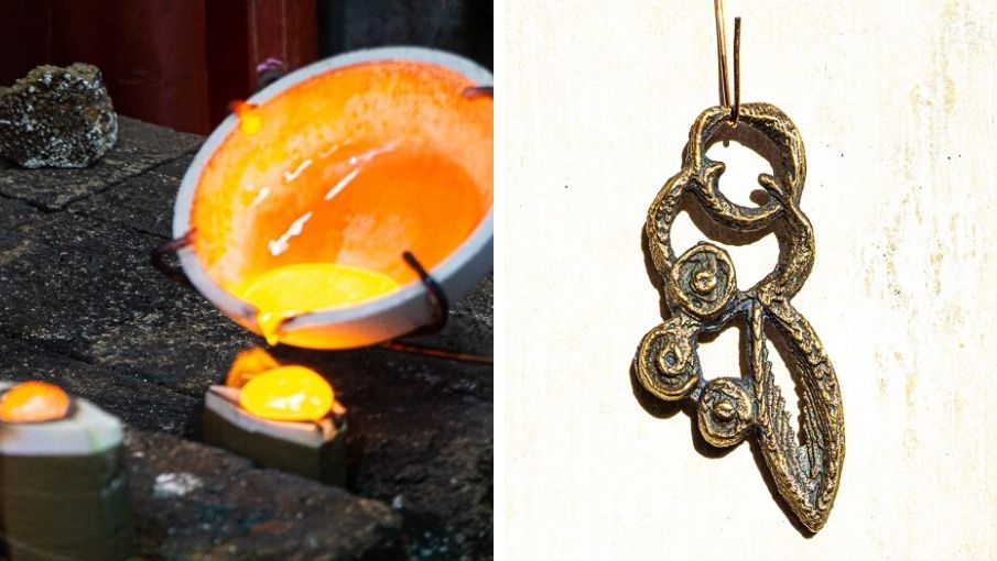 trio of images of cuttlefish casting, bronze, and finished necklace