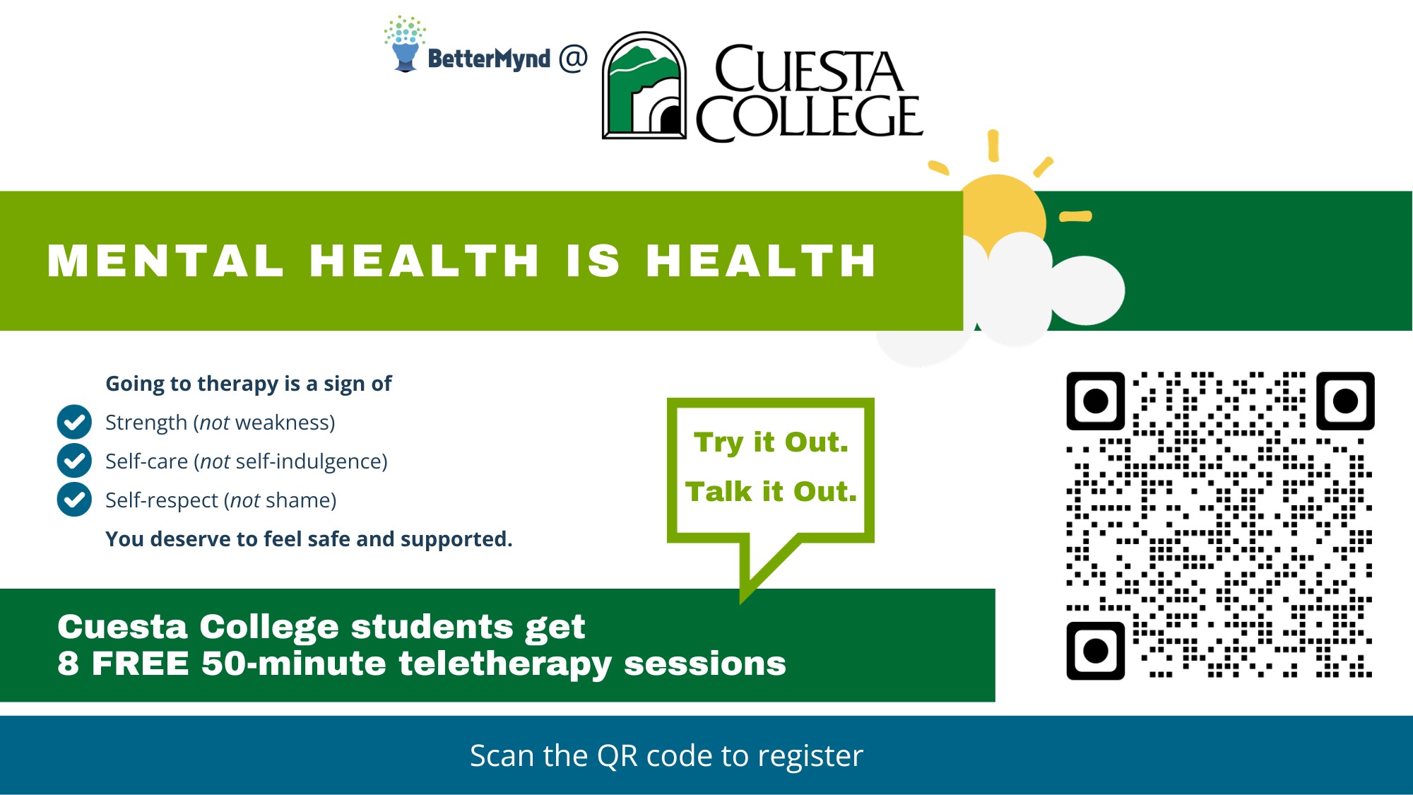 Cuesta College Students get 8 free 50-minute teletherapy sessions with BetterMynd