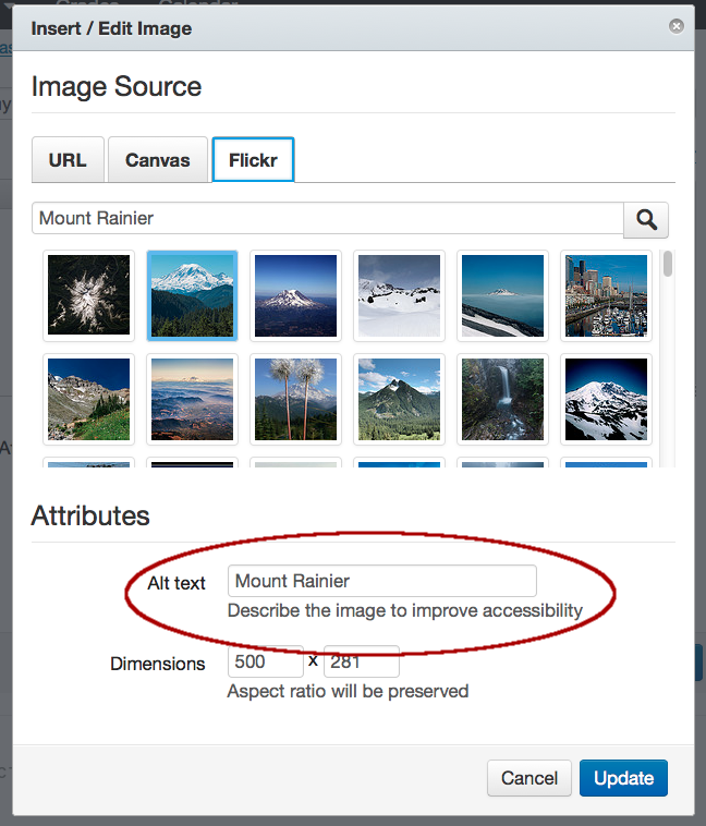 screen shot of alt text box in Flickr under attributes menu