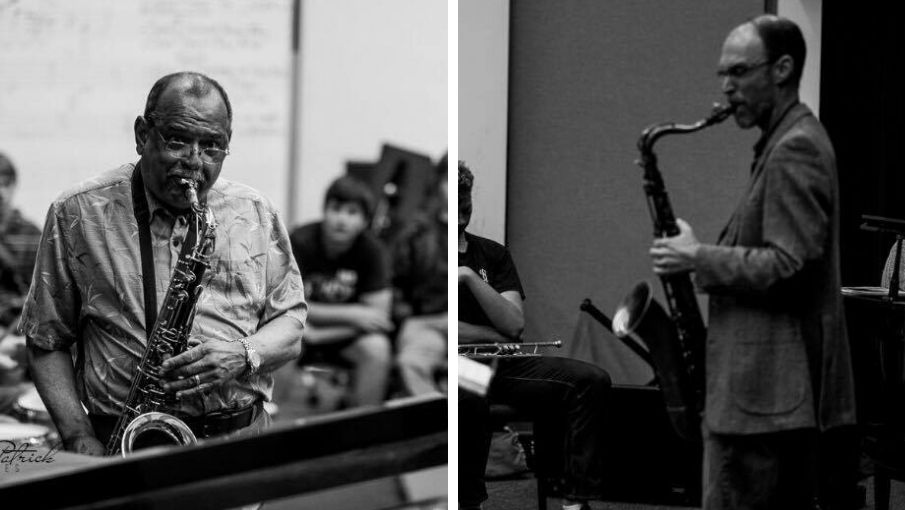 three images: students playing instruments and Ron McCarley teaching