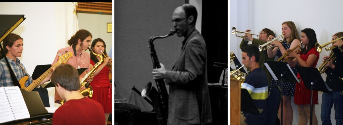 three images: students playing instruments and Ron McCarley teaching