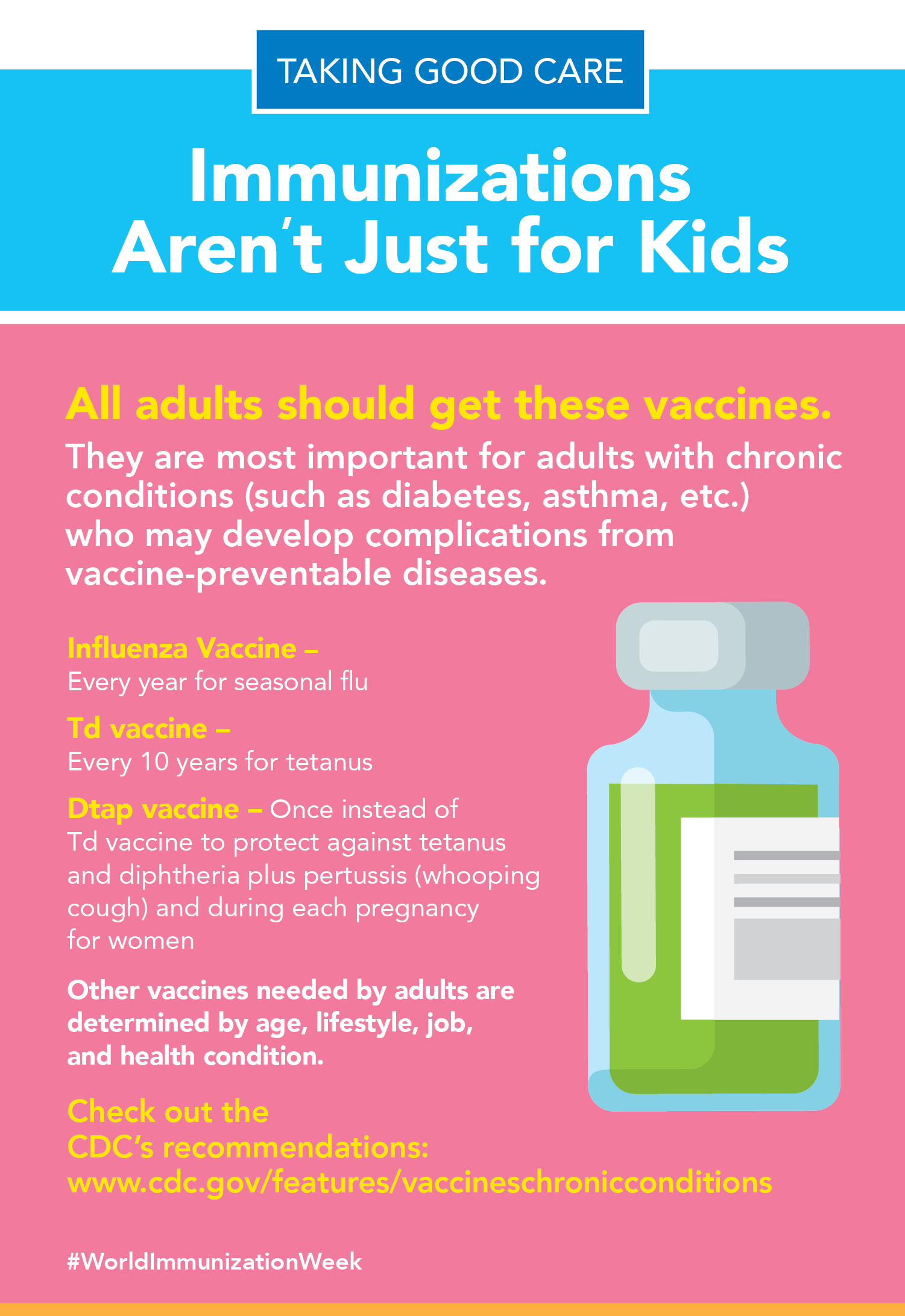 All adults should get these vaccines Influenza, TD and Dtap. www.cdc.gov/features/vaccineschronicconditions