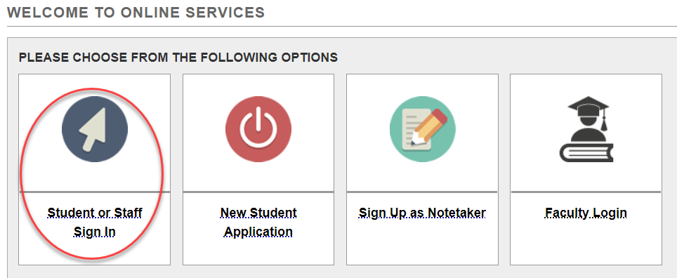 Online Services selection screen for student sign-in